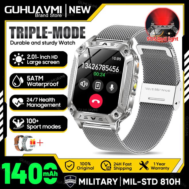 New Outdoors Durable Military Men Smart Watch 1400mAh battery 5ATM Swim LED flashlight+SOS Red Light Sports Call Smartwatch