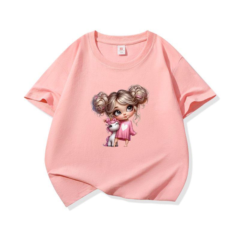 Kids Cotton T Shirt Charming Girl With Pink Unicorn Print Crew Neck Short Sleeve Tee Casual Boys Girls Summer Tops
