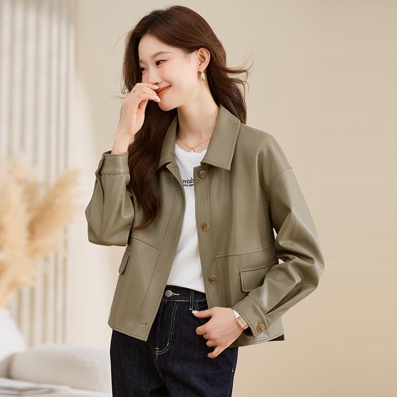 

Ретро армейско-зеленая кожаная куртка женская весна и осень новый дизайн нишевая мода лацкан короткая кожаная куртка 2XL