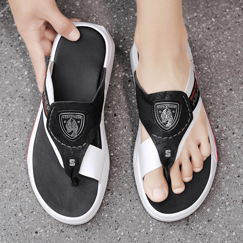 Mode Sommer Schuhe Herren Hausschuhe Echtes Leder Herren Flip Flops Flach Herren Sandalen Urlaub Rutschfest Strand Sandalen Duschschuhe Herren Sty
