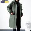Mens Military Green Hooded Trench Coat 2025 Mid Length Outdoor Casual Trendy Youth Topstitching Patch Pockets Unique Fashion