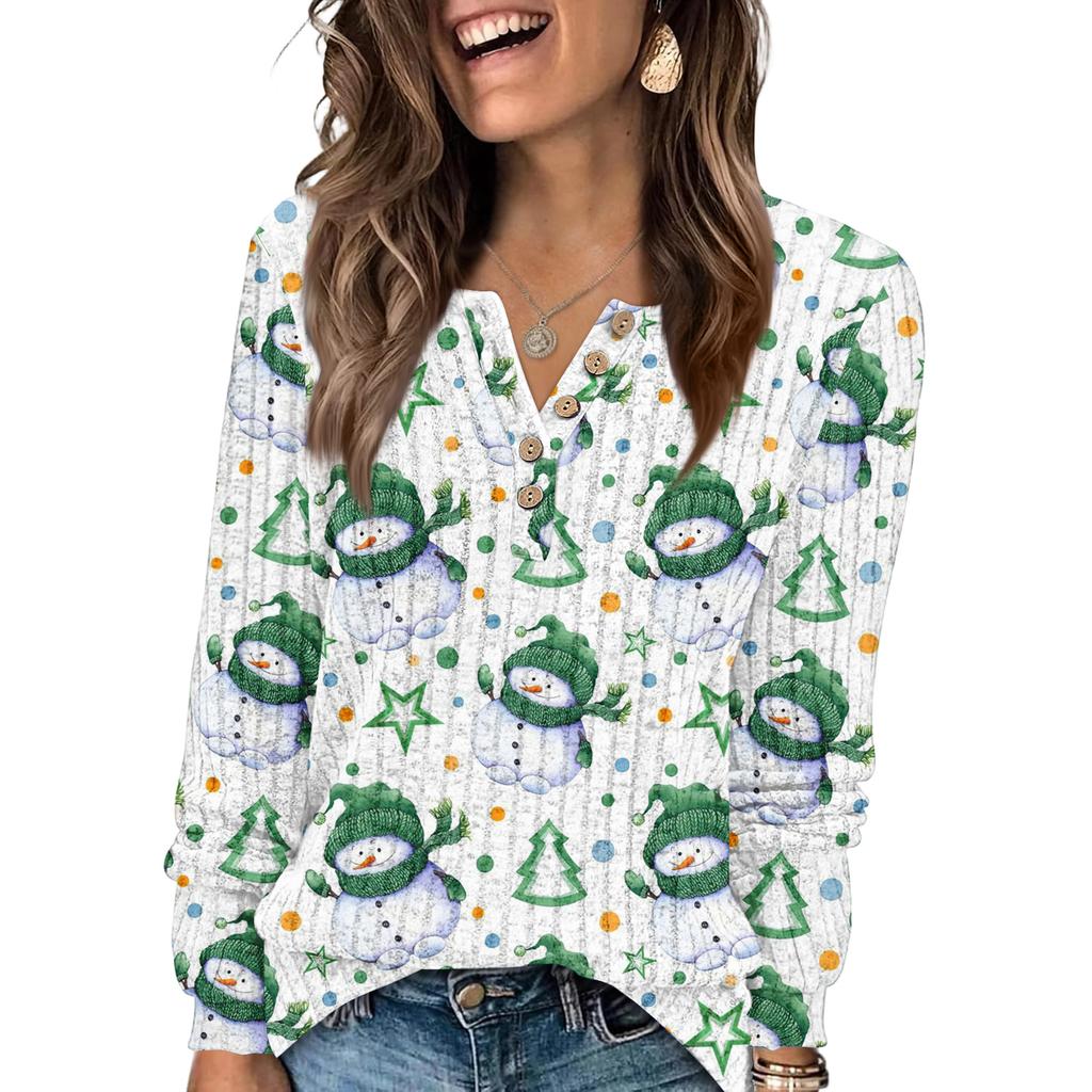 Women's Fashion V-Neck Button-Up T-Shirt With Christmas Print Long-Sleeved Top