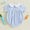 Baby Mädchen Strampler Osterkleidung Hasenstickerei Karomuster Puppenkragen Kurzarm Säuglingsbodys Jumpsuits