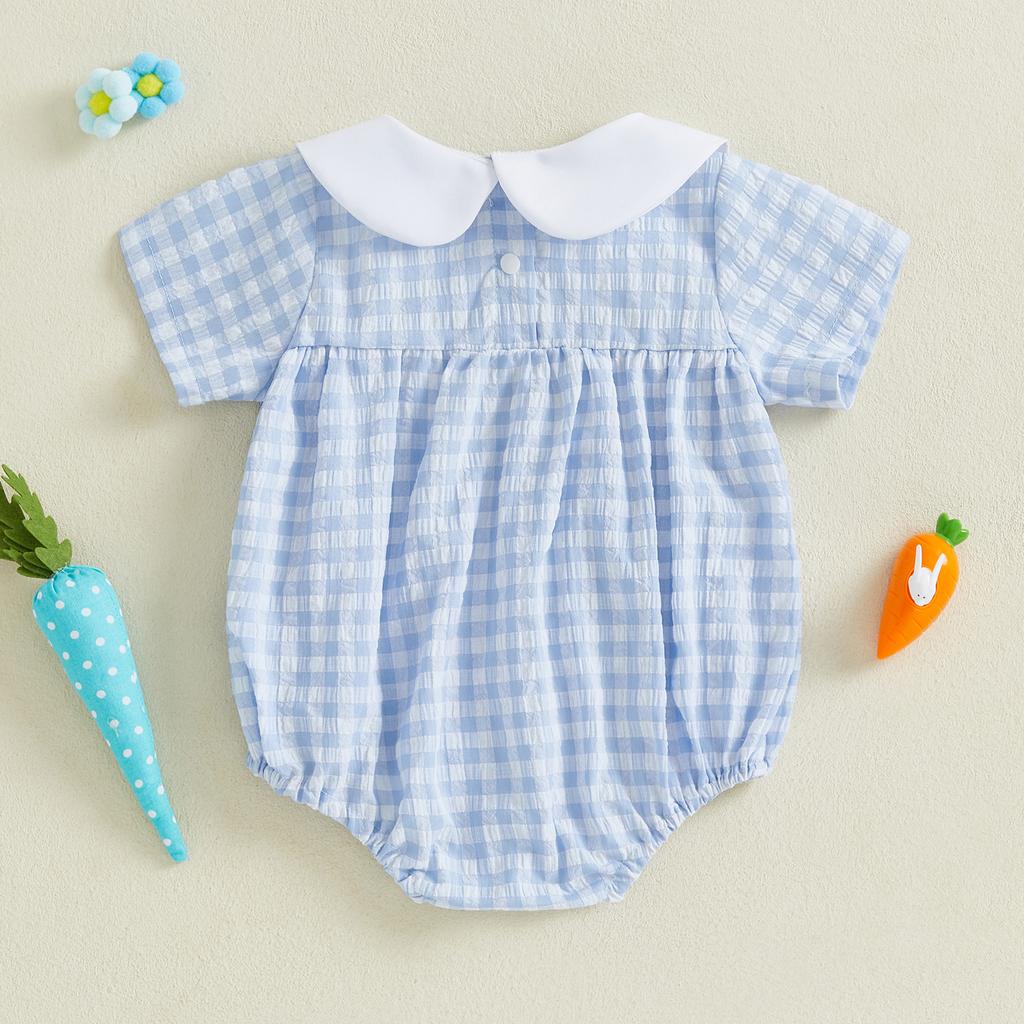 Baby Mädchen Strampler Osterkleidung Hasenstickerei Karomuster Puppenkragen Kurzarm Säuglingsbodys Jumpsuits