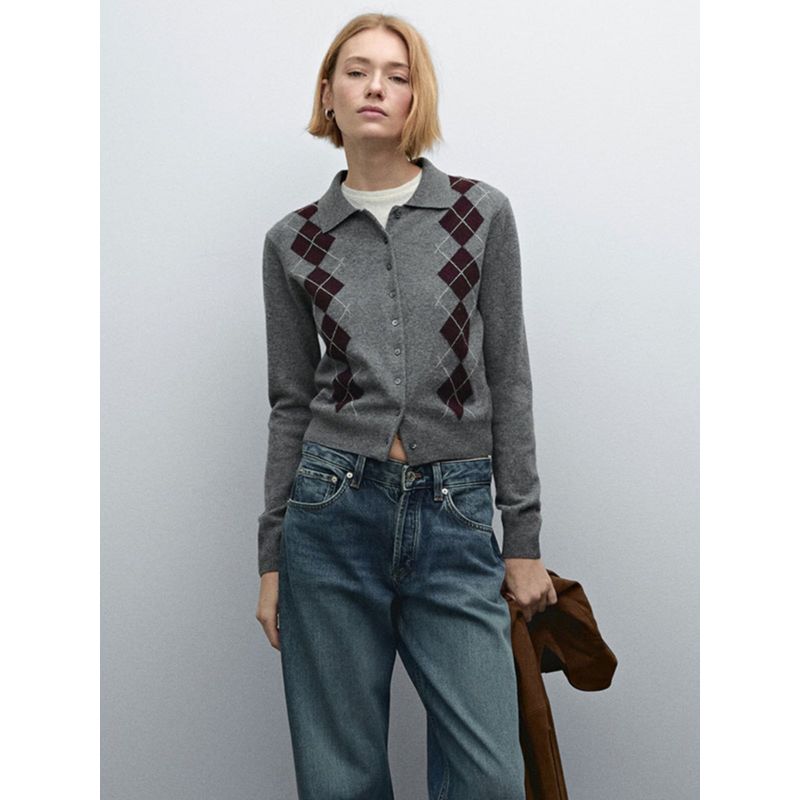 MD Women's Clothing New British College Style Diamond Pattern Short Wool Polo Collar Knitting Cardigan 05746639802