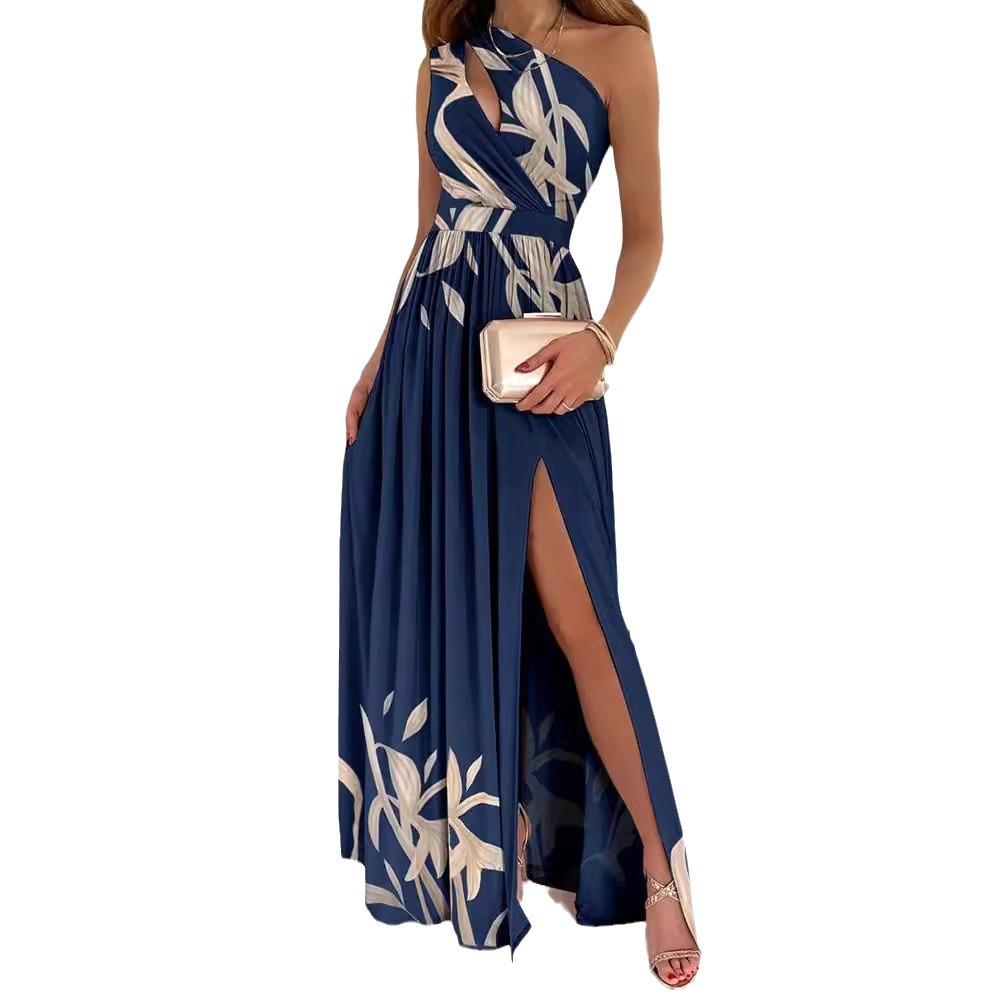 

Весенне-летнее женское платье без рукавов с полым разрезом и принтом L тёмно-синий