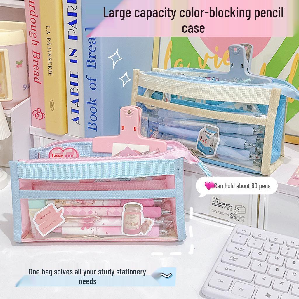 Dopamine Color Block Transparent Pencil Case: Multi-Layer Patchwork Design for Students