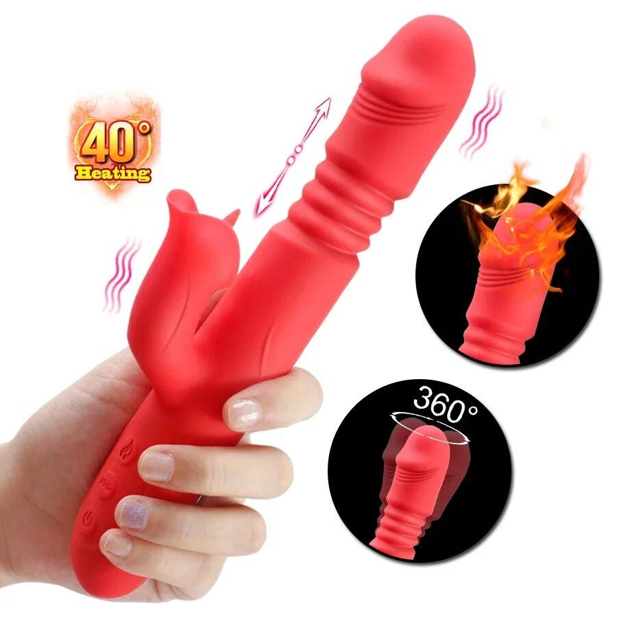 Double Tongue Vibrating Dildo with Warming Telescopic Rotating Vibrator for Woman Anal Vaginal Clitoris Stimulator Sex Toys