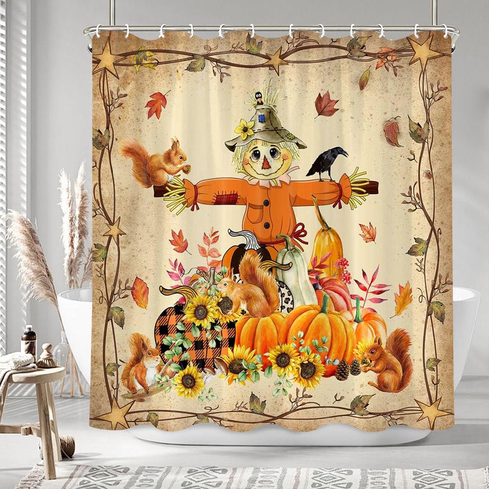 Autumn Leaves Pumpkin Shower Curtain Rustic Farm Truck Animals Thanksgiving Polyester Fabric Shower Curtains Bathroom Decoration