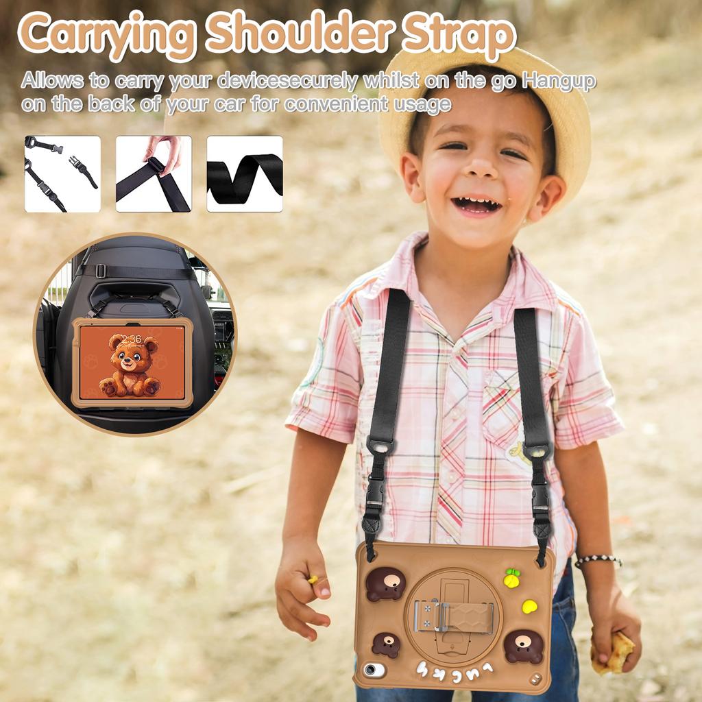 For iPad (2025)/10.9 (2022) Case with Shoulder Strap Bear Pattern PC+Silicone+TPU Kickstand Tablet Cover