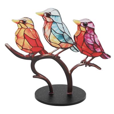 Vögel auf Zweig Ornamente Handwerk Acryl Bunt Lebhaft Flache Tierstatue Dekoration für Schreibtisch Büro Zuhause 3 Vögel in