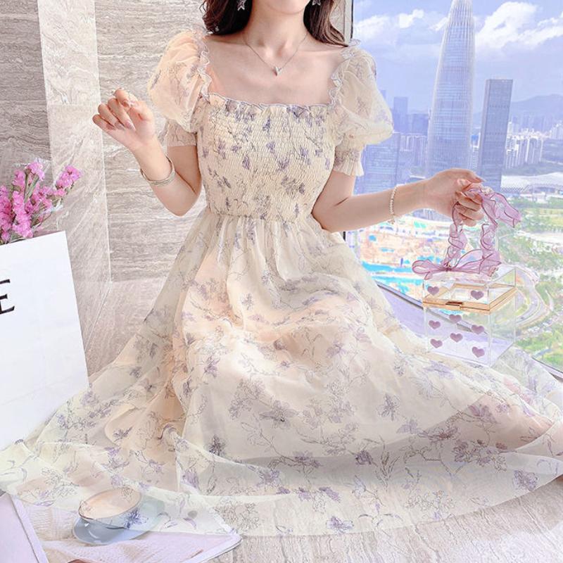 French Square Neck Floral Dress Trend Temperament Thin Chiffon Fairy Long Skirt Slim Waist Bundle Hundred with Bubble Sleeve Dresses