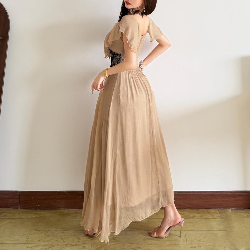 2026 European and American summer new fashion French retro summer lace gauze design waist and thin dress