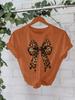European and American High-End Leopard Print Bow-Knot T-Shirt: Women's Round Neck, Loose Short Sleeve