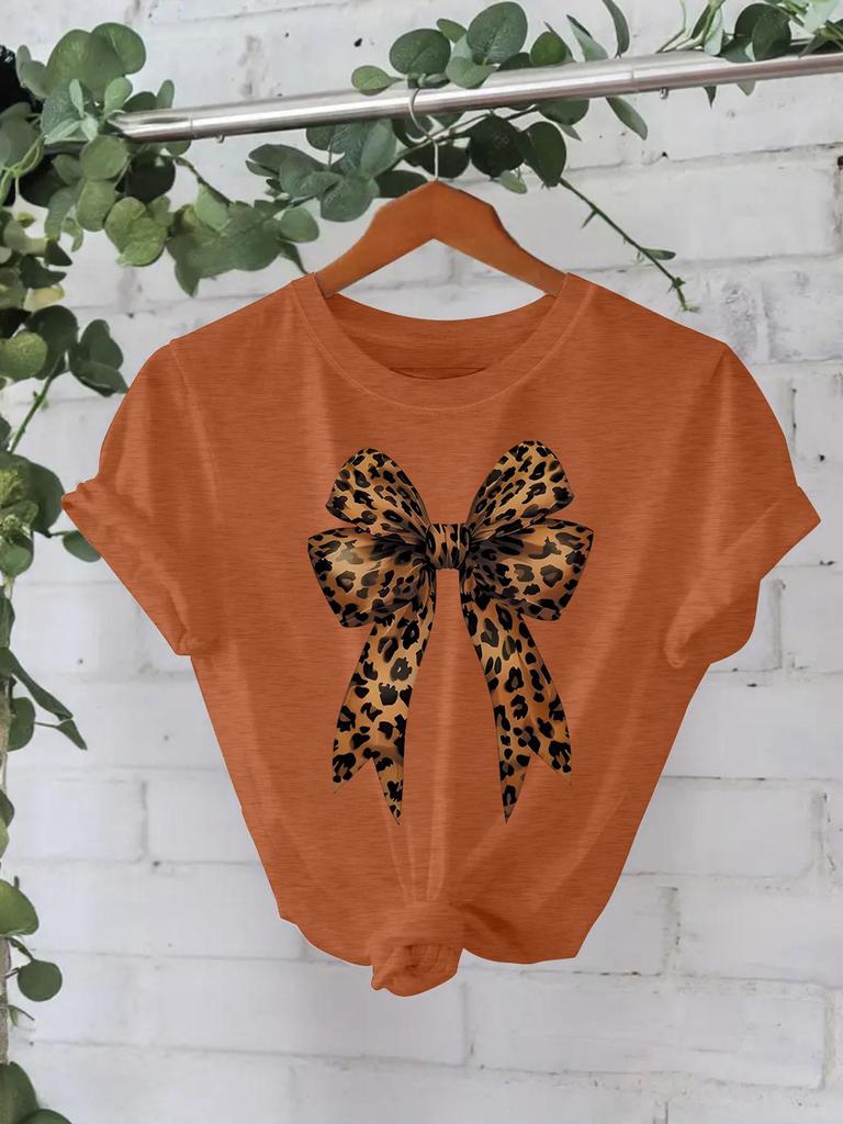European and American High-End Leopard Print Bow-Knot T-Shirt: Women's Round Neck, Loose Short Sleeve