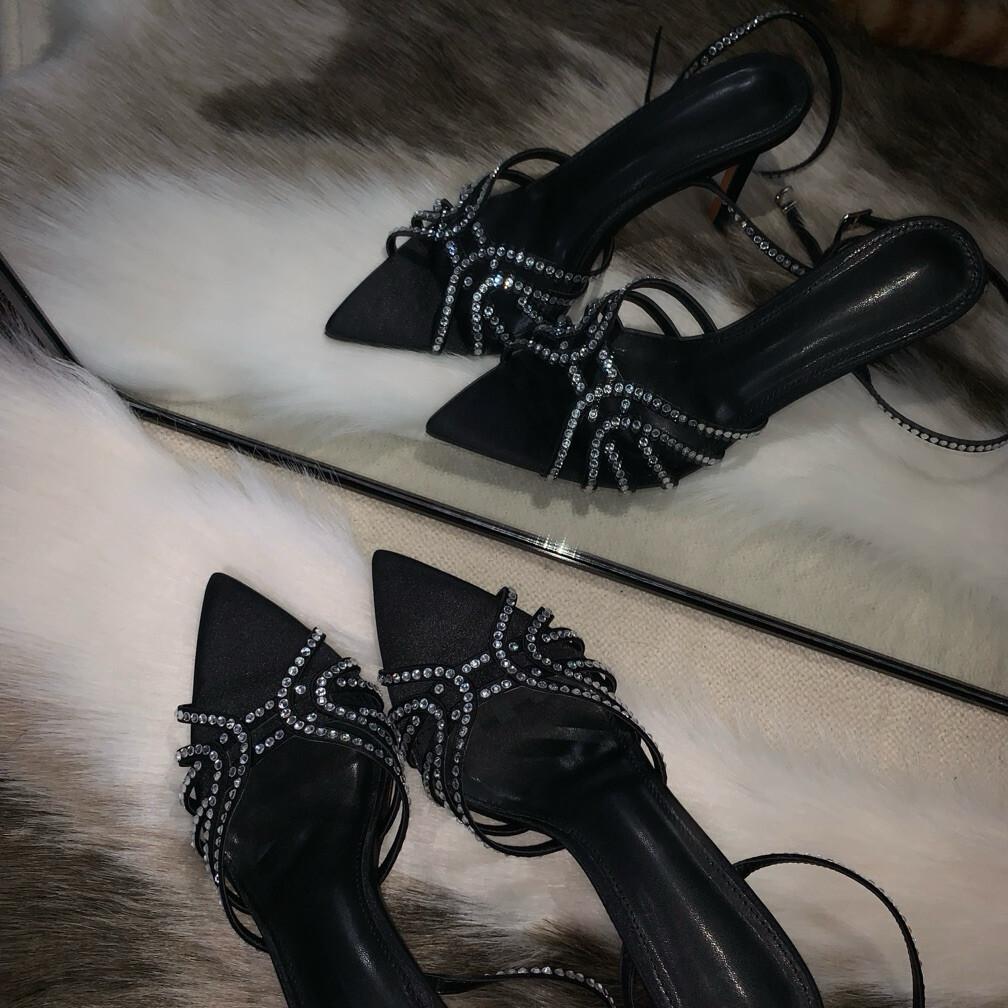 2025 summer new rhinestone black stiletto sexy satin open-toed pointed one-word strap cross-strap sandals women