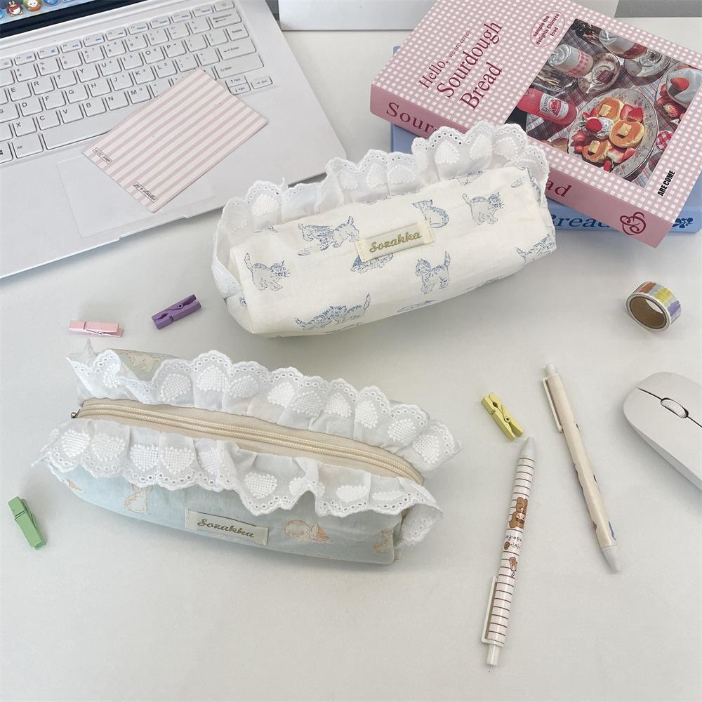 Sweet Lace Ladies Clutch Cosmetic Bags Cute Cat Prints Women's Portable Storage Bags Candy Color Large Capacity Girl Pencil Case