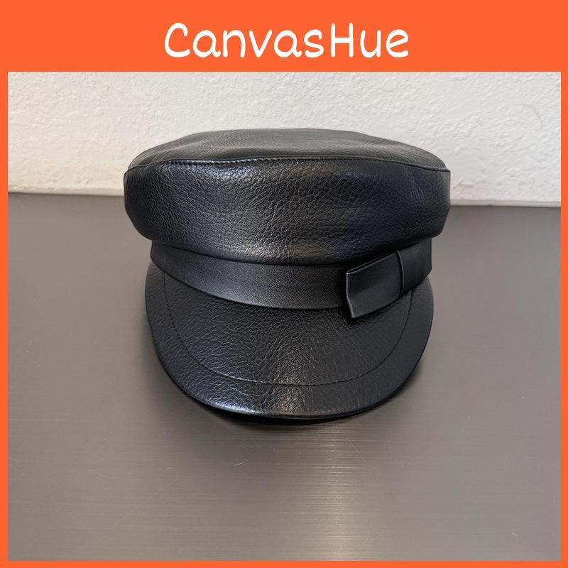 Solid Face Color Slimming  Navy Cap Short Visor Leather Material Supplies Women