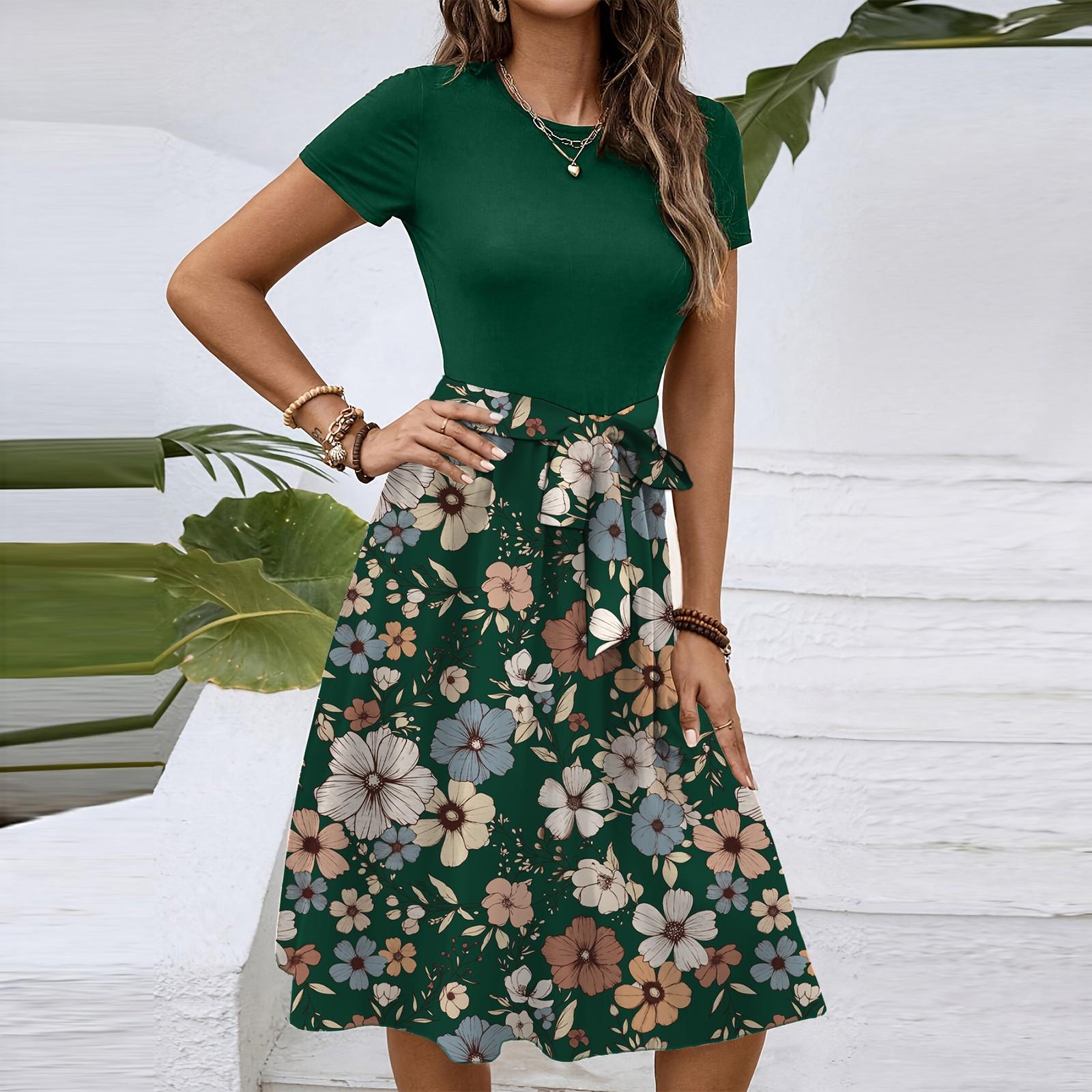 

Женское модное ретро-платье с принтом и цветным поясом L зелёный