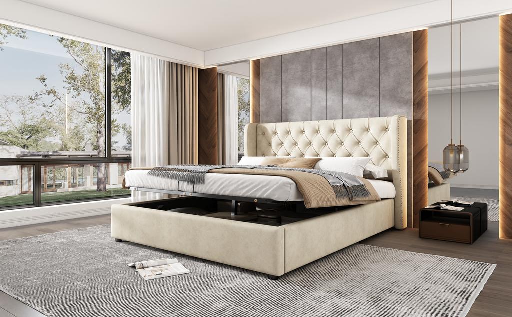 Upholstered Wingback Velvet Bed, Button Tufting, 180*200, Hydraulic Storage Bed, Slatted Frame, Underside Dirt-Repellent Black Non-Woven Fabric, Beige