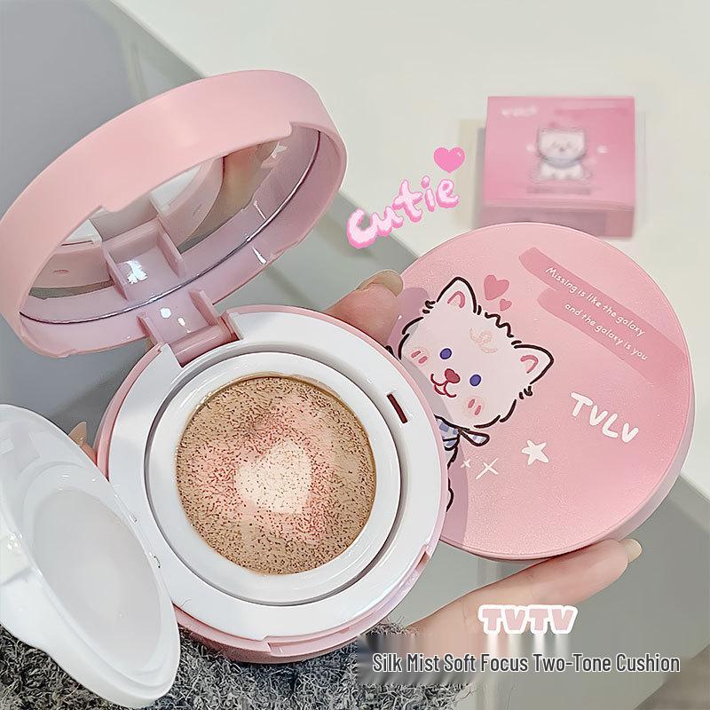 TVLV Silk Mist Soft Focus Cushion Cream: 3-Color, 10g, Includes Mirror & Puff for Smooth, Non-Sticky Application.