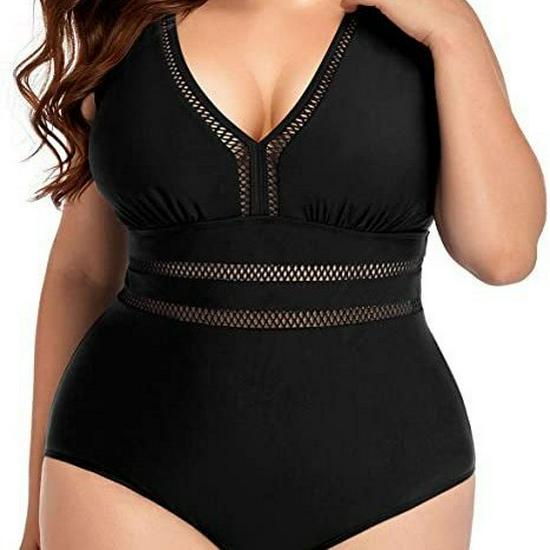 2023 Plus Size V-Neck Backless One-Piece Bikini Swimsuit with Hollow Out Solid Color Design