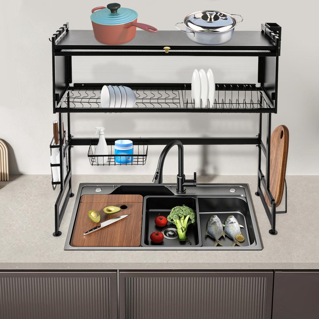 85x30x80cm 2 Tiers Large Capacity Dish Drain Rack with Cabinet Door Suitable for Home, Coffee Shops