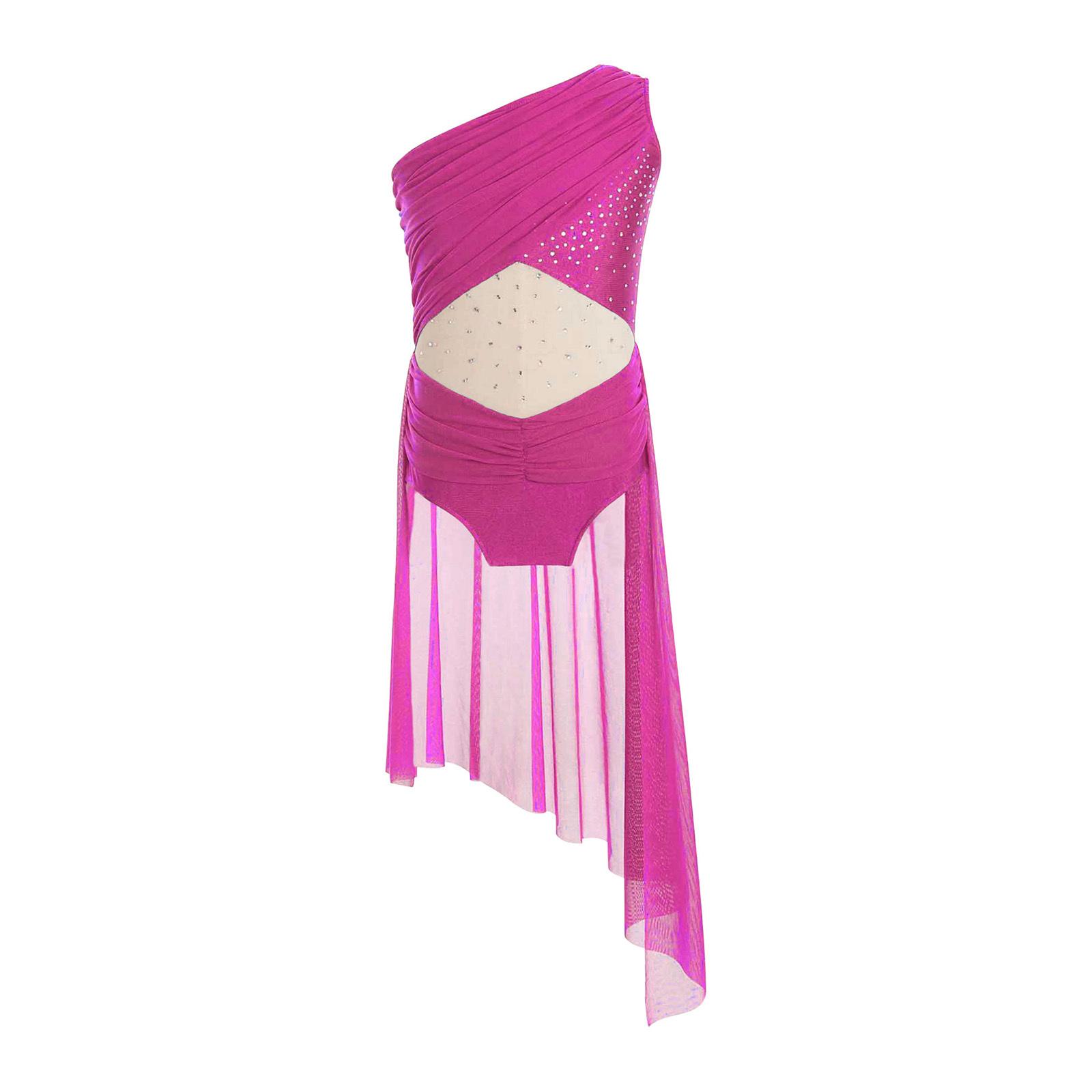 

Girls Lyrical Dance Leotard One Shoulder Sleeveless Sheer Mesh Patchwork Shiny Rhinestones Skirted Bodysuit 5-6 Years гарячі рожевого кольору