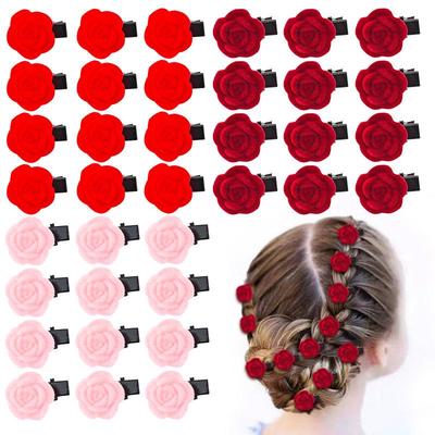 Red Velvet Rose Updo Hair Clip: Autumn Camellia Flower Retro Flocked Duckbill Clip.
