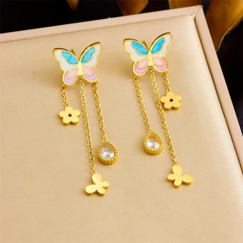 Gold Enamel Butterfly Drop Earrings with Flower and Crystal Tassel