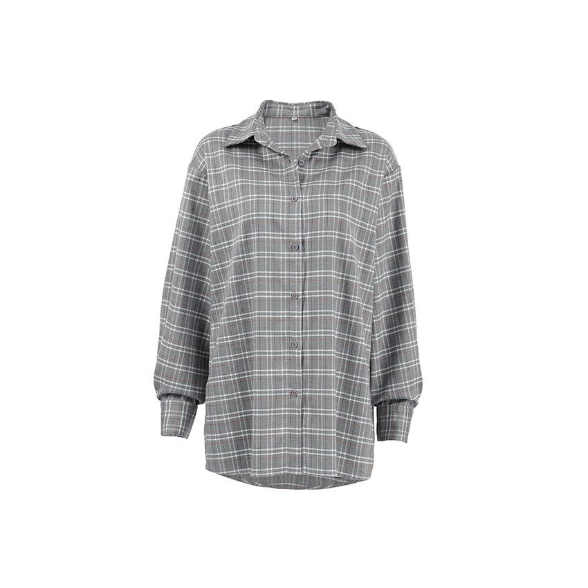 1116 new gray plaid shirt women's oversiez fashion lapel shirt autumn women's clothing