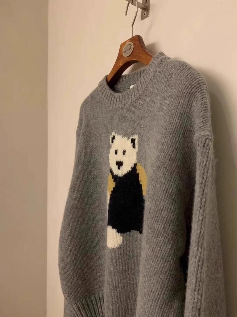 Korean Dongdaemun Cute Bear Pattern Loose Knit Sweater Coat for Women
