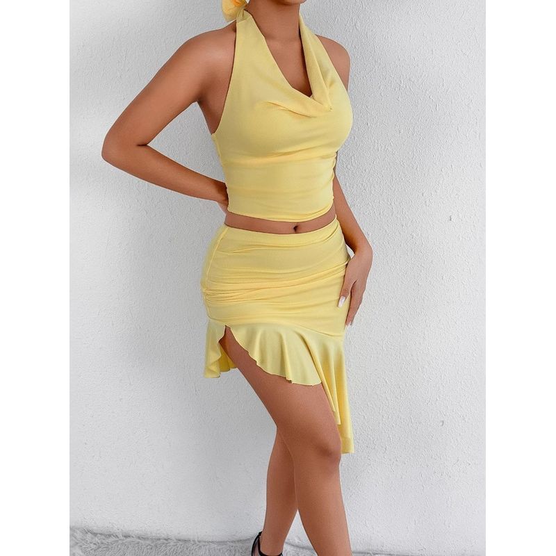 Outfitgirl Bright Yellow Halterneck Vest Asymmetrical Skirt Suit Women's Fashion Style Sexy Street Shot Wear