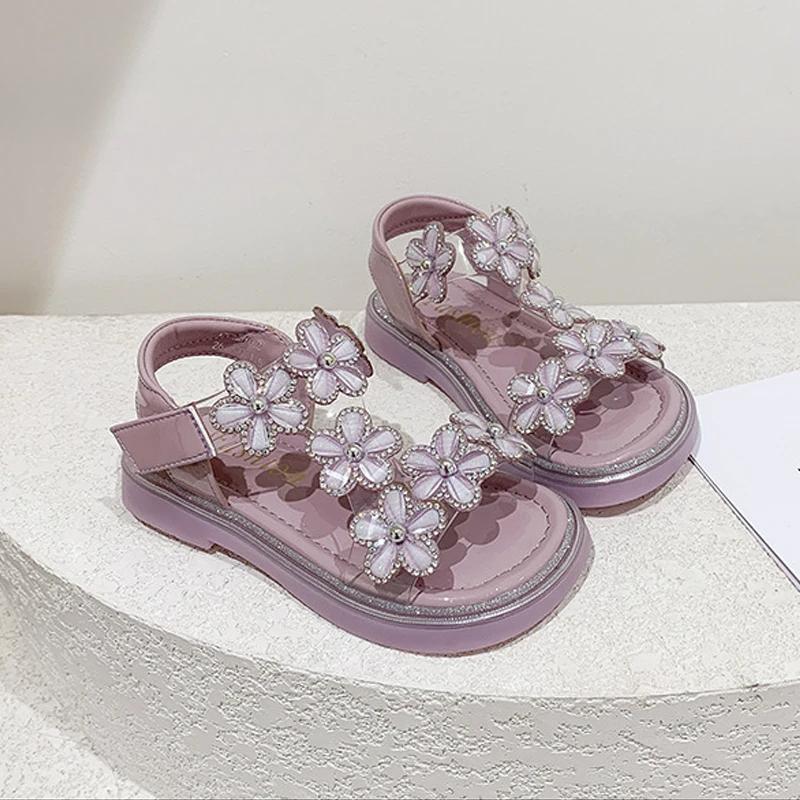 Luxury Crystal Floral Sandals Girls Transparent Pvc Strap Sandalias Baby Kids Brand Design Sole Summer Party Dress Shoes