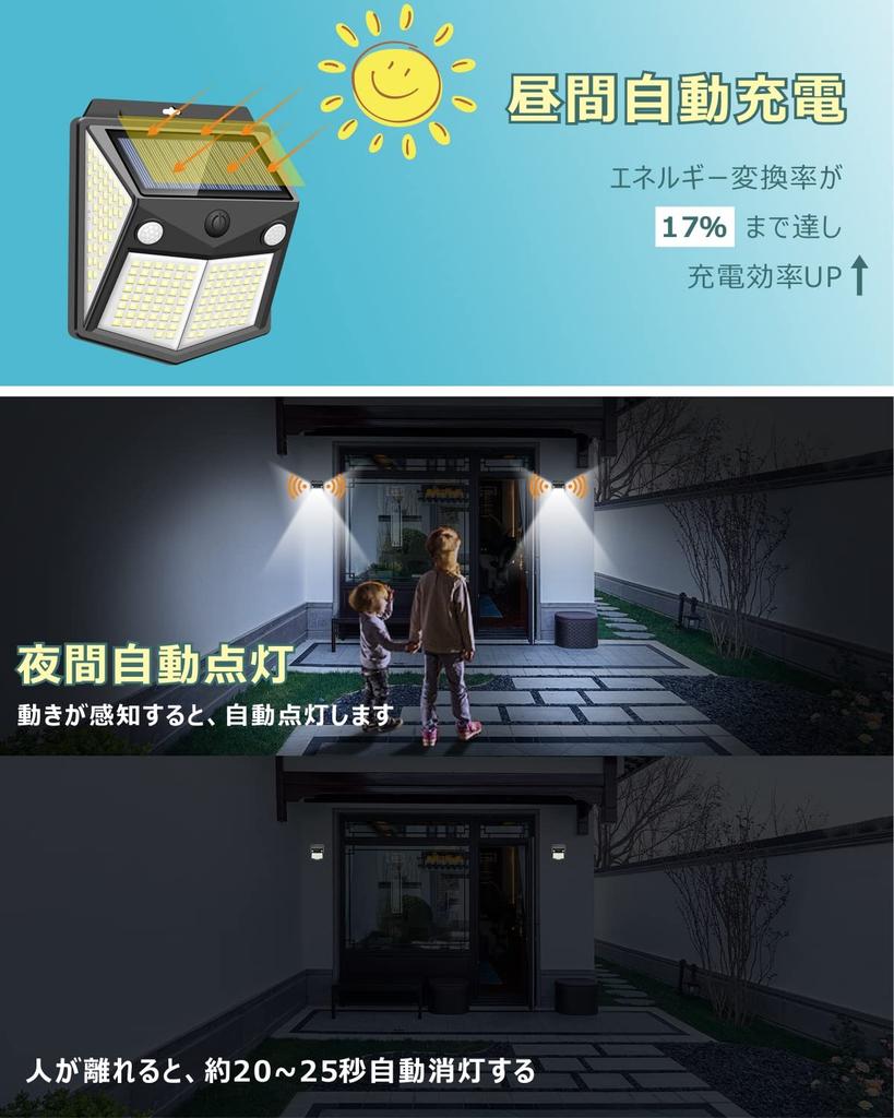 [Upgraded Edition with Two High-Sensitivity Sensors] Solar Lights for Outdoor Use, 200 LEDs, Wide Detection Distance and Angle, 4-Sided Lighting,