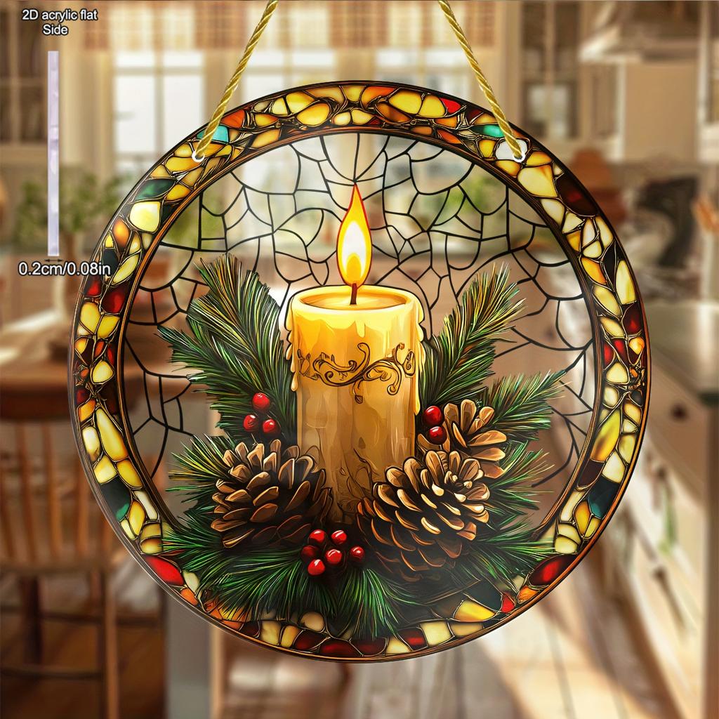 Rustic Candle Sun Catcher Acrylic Hang Sign, Acrylic with Pinecones & Holly, A Festive Holiday Decor Gift, Nurseries, Vintage Home Decor Wall for Bar