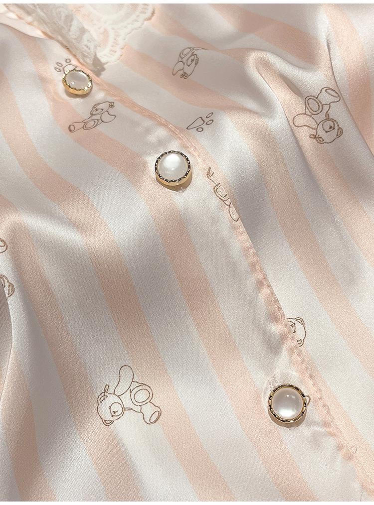 Women's Short-Sleeve Striped Cartoon Mulberry Silk Pajama Set