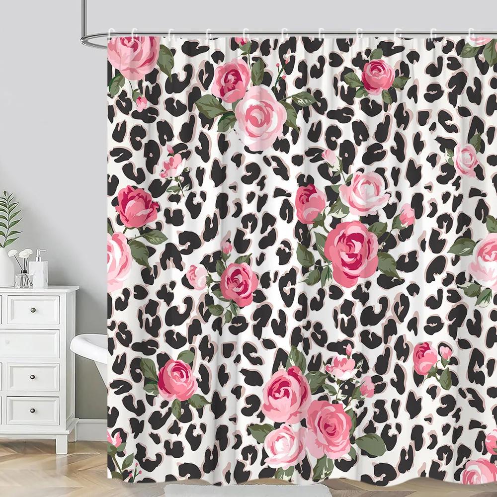 Leopard Textured Shower Curtain, Vintage Striped Brown Floral Creative Geometric Modern Plants Polyester Bathroom Decor Curtain