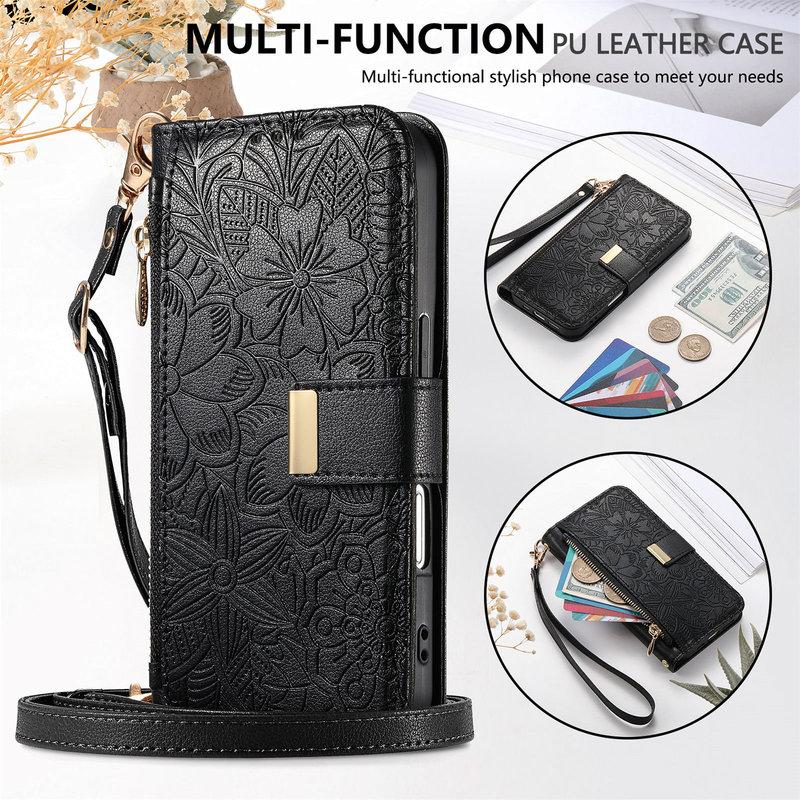 PU Leather Zipper Crossbody Flip Wallet Card Slot Phone Case For Samsung Galaxy S25 Plus S24 FE S23 Ultra S22 Wrist Strap Cover