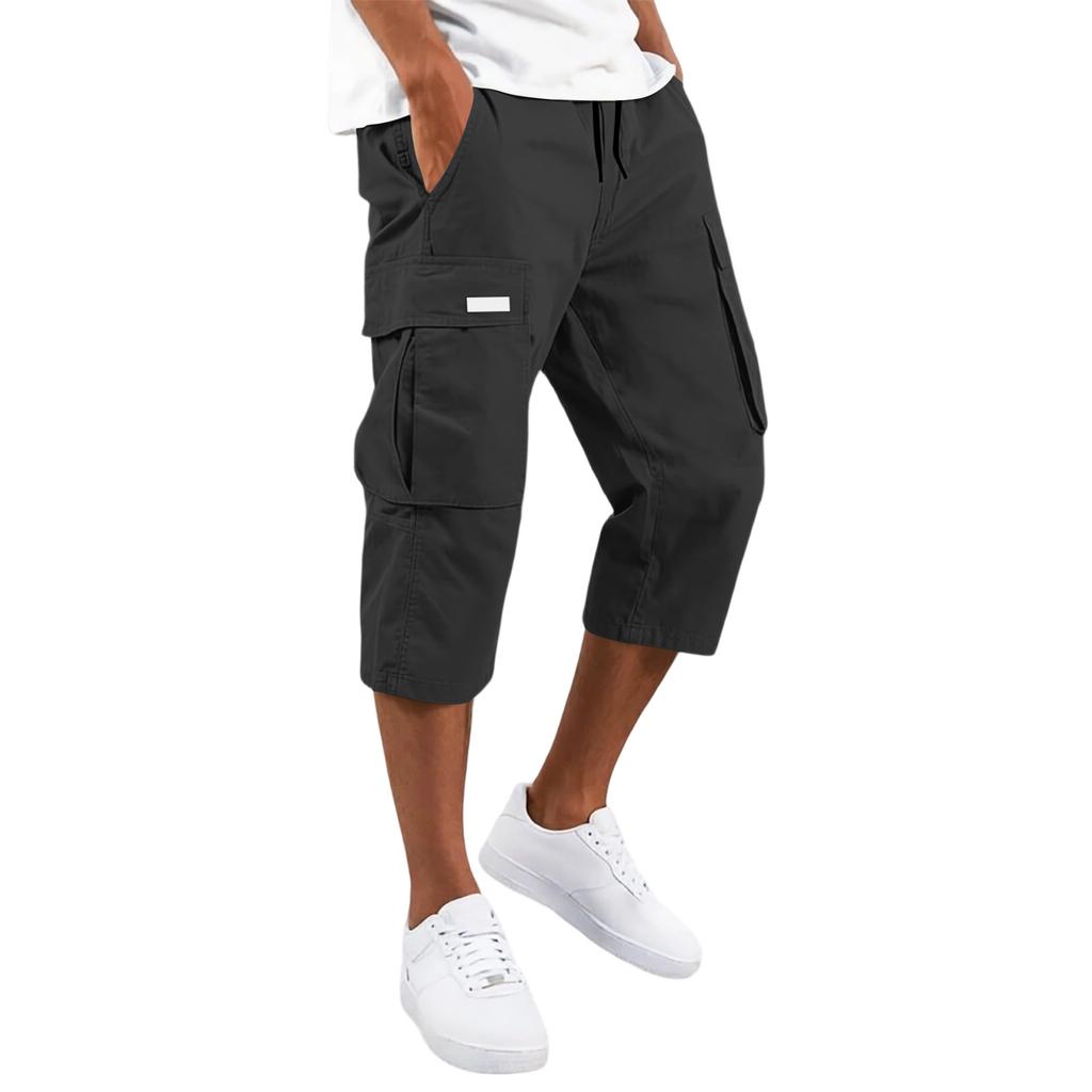 Men's Drawstring Cargo Pants - Multi Pocket Casual Cropped Pants