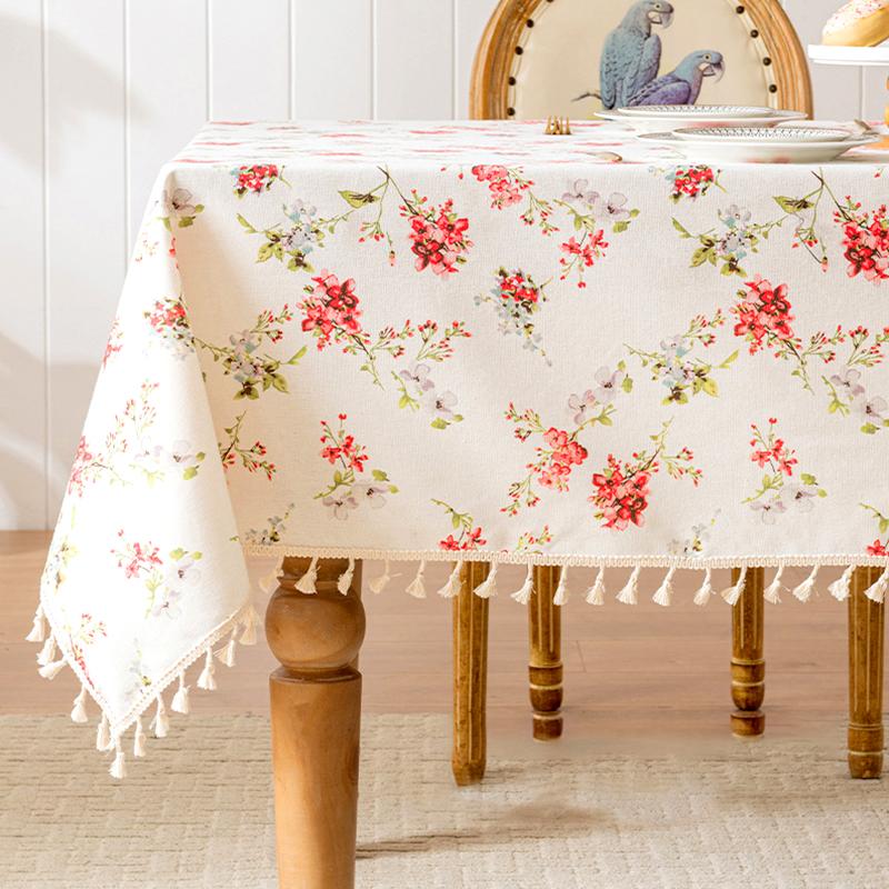 1Pc Tassel Decoration TV Cabinet Cover Polyester-cotton Waterproof Tea Table French Style Dining Table Cloth Floral Tablecloth