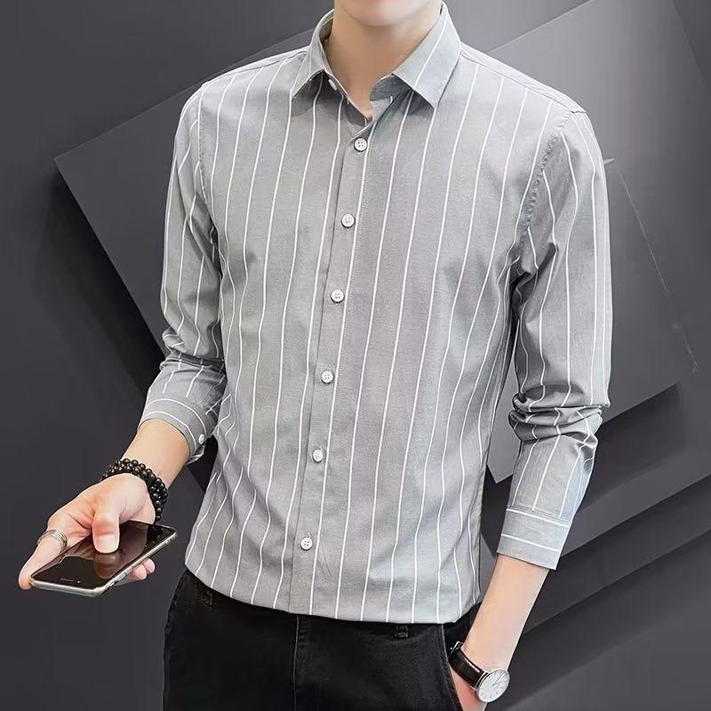 New Shirt Wrinkle Resistant and Iron Free Men's Long Sleeve Luxurious and Comfortable Lapel Slim Spring and Autumn Plaid Print