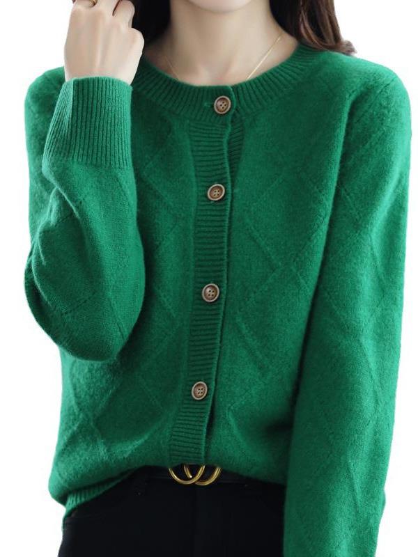 2025 Retro Diamond Lattice Knit Cardigan - Solid Color, Autumn/Winter, Round Neck