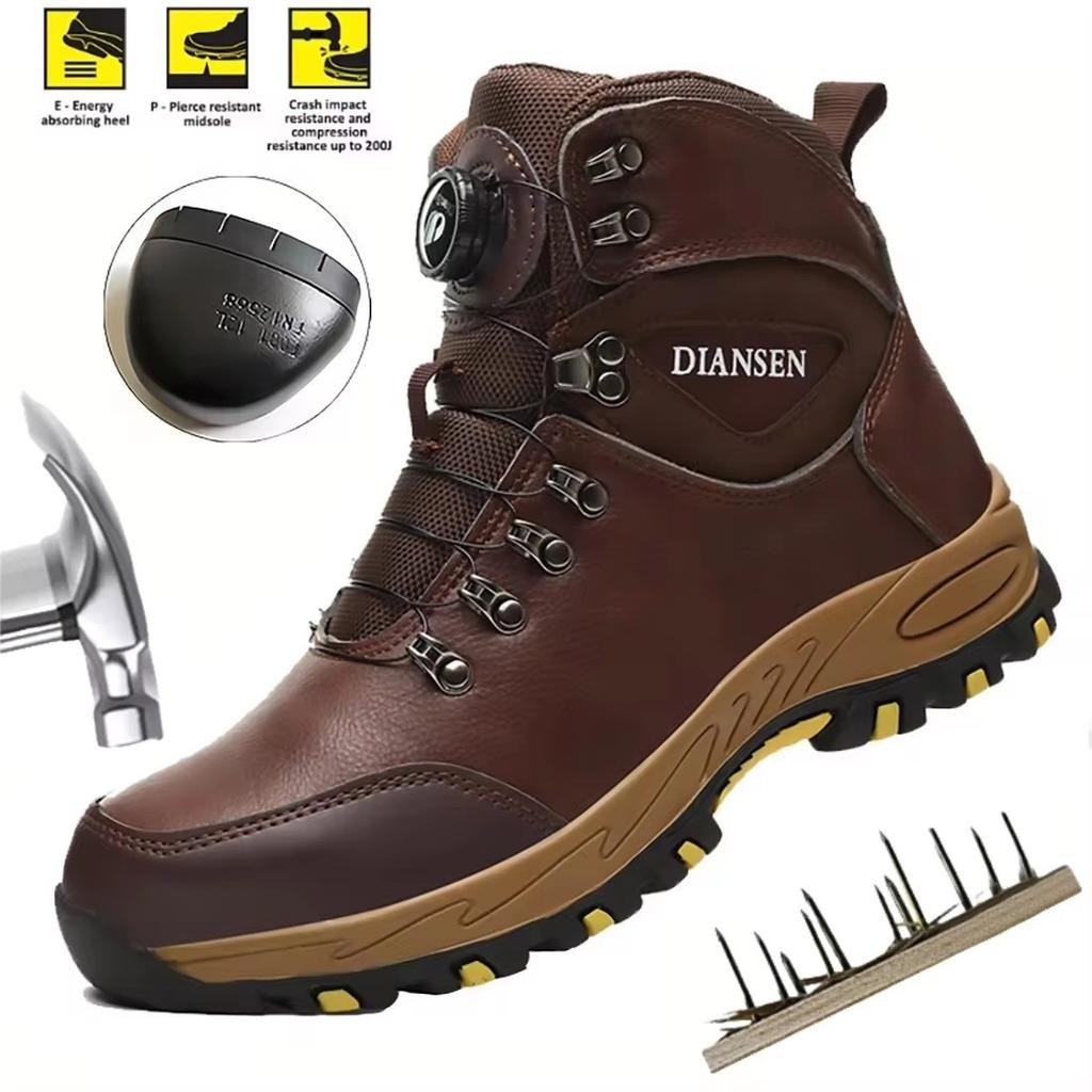 Rotating Button Pu Leather Steel Toe Safety Shoes For Men's Work Boots Easy Wear Work Construction Anti Puncture Men Botas Shoes