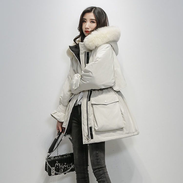 Large Faux Fur Hooded Winter Jacket Women Thick Parkas Warm Sash Tie Up Snow Coat