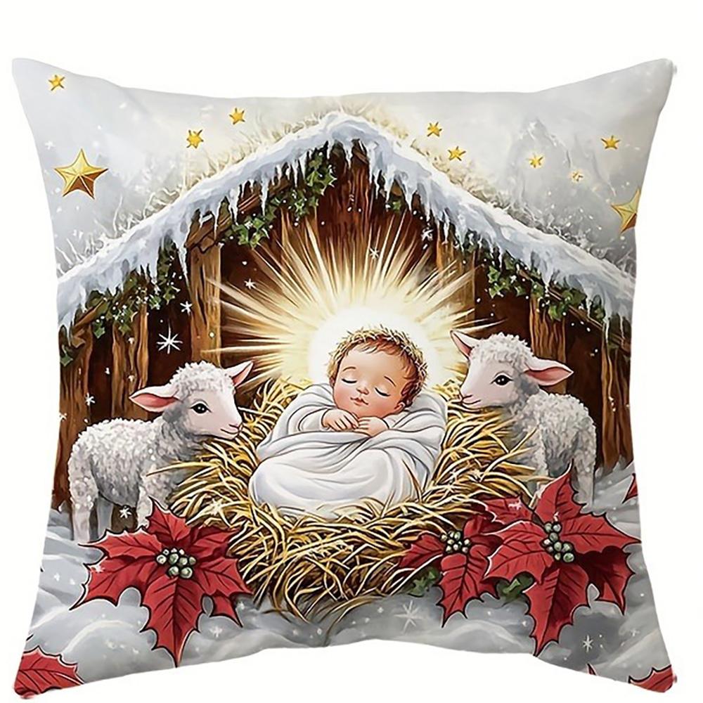 Short Plush Material Pillowcasechristmas Nativity Scene Pillowcases: Baby Jesus With Mary, Joseph, Cows, And Lambs Sofa Room Cus