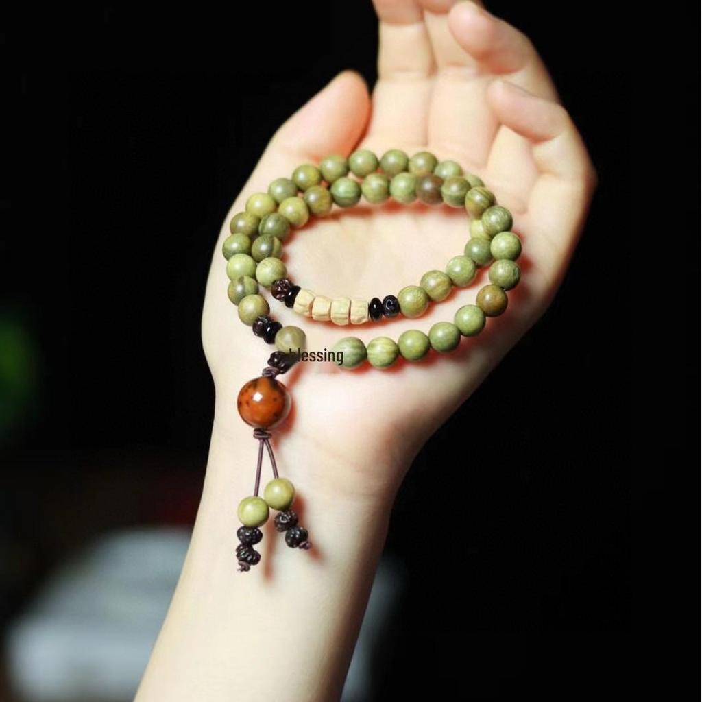 Green Sandalwood Buddhist Beads Bracelet - Single or Multi-Loop Options, Wenwan Wooden Crafts.