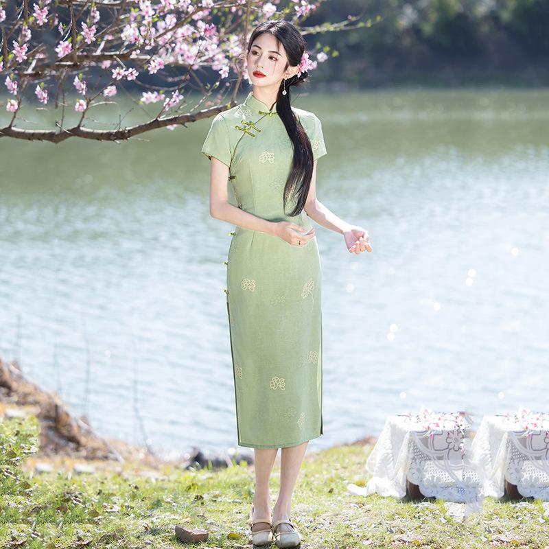 Green national style new Chinese long cheongsam improved young women s high sense retro slim short sleeves daily summer S