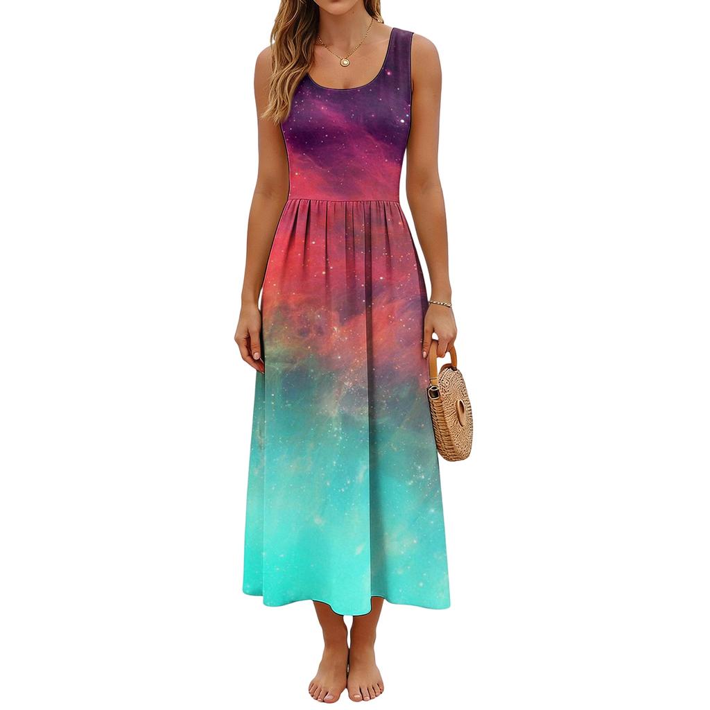 Maxi Abito Senza Maniche con Stampa Sfumata da Donna Estate Casual Vestibilità Larga Girocollo Lungo Abito da Sole Tessuto Leggero