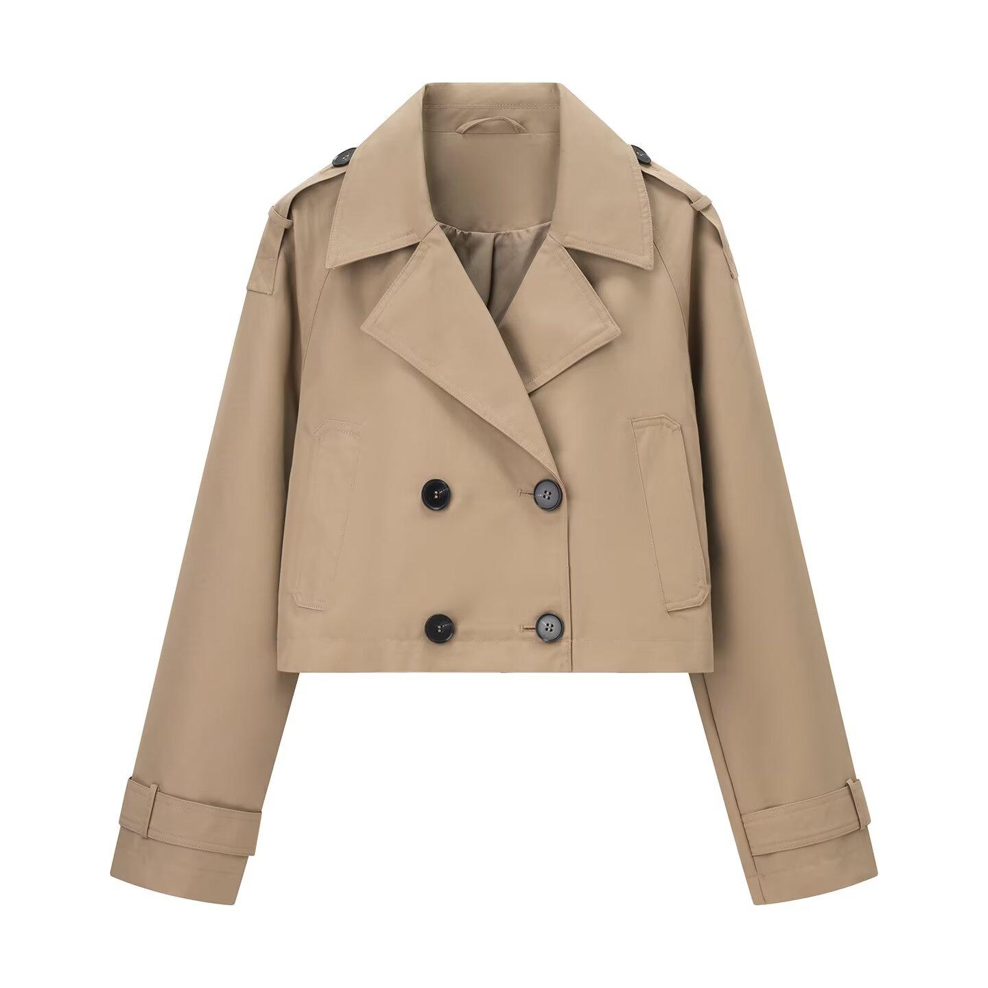 

Double Breasted Short Trench Coat with Lapel Collar and Epaulettes in Khaki & Brown XS хаки